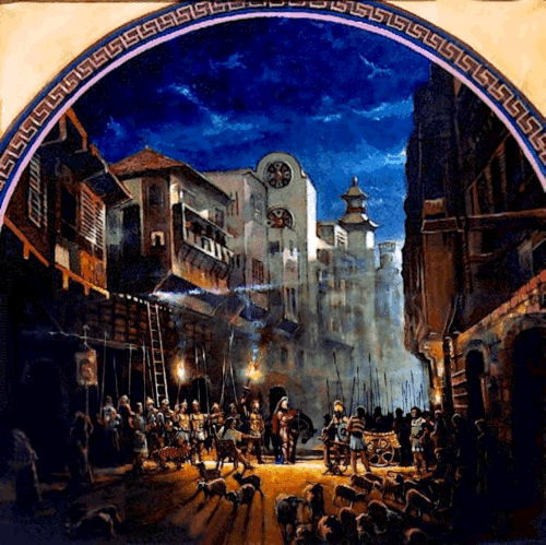 Man unites to restore the Ladder in the City of God by the union of Greeks under Alexander.